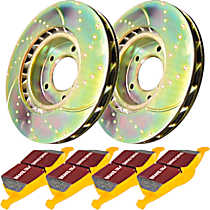 Front Brake Disc and Pad Kit, Dimpled and Slotted, 5 Lugs, 295.91 mm, Aramid Fiber, FMSI Pad No. D913; Vented; 5 Bolt Holes; 296mm Dia.; 51mm Height; 26mm Thick; 70.6mm Center Hole Dia., S5 Yellowstuff and GD Sport Slotted and Dimpled Super S