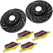 Front Brake Disc and Pad Kit, Dimpled and Slotted, 5 Lugs, 311.91 mm, Aramid Fiber, FMSI Pad No. D1084; Vented; 5 Bolt Holes; 312mm Dia.; 66mm Height; 28mm Thick; 78.5mm Center Hole Dia., S5 Yellowstuff and GD Sport Slotted and Dimpled Super