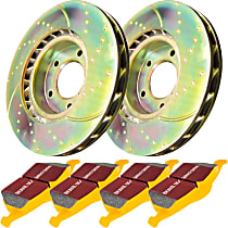 Front Brake Disc and Pad Kit, Dimpled and Slotted, 4 Lugs, 250.19 mm, Aramid Fiber, FMSI Pad No. D728; Vented; 4 Bolt Holes; 250mm Dia.; 43mm Height; 18mm Thick; 60mm Center Hole Dia., S5 Yellowstuff and GD Sport Slotted and Dimpled Super Str