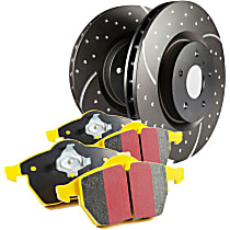 Front Brake Disc and Pad Kit, Dimpled and Slotted, 5 Lugs, Aramid Fiber, FMSI Pad No. D1361; Vented; 5 Bolt Holes; 308mm Dia.; 42mm Height; 25mm Thick; 70mm Center Hole Dia., S5 Yellowstuff and GD Sport Slotted and Dimpled Super Street Rotors