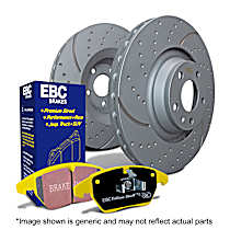 Rear Brake Disc and Pad Kit, Dimpled and Slotted, Aramid Fiber, Premium Luxury, 3.6L 6Cyl, S5 Yellowstuff and GD Sport Slotted and Dimpled Super Street Rotors