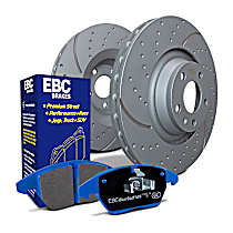 Front Brake Disc and Pad Kit, Dimpled and Slotted Aramid Fiber S6 Bluestuff NDX Pad and GD Sport Slotted and Dimpled Rotors