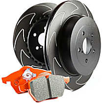 Front Brake Disc and Pad Kit, Dimpled and Slotted 5 Lugs Aramid Fiber Ceramic S8 Orangestuff Pad and GD Sport Slotted and Dimpled Rotors