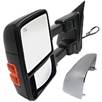 Driver Side Towing Mirror, Power, Power Folding, Heated, With 1 Chrome and 1 Paintable Cap, In-housing Signal Light, With memory, Without Puddle Light, Auto-Dimming, and Blind Spot Feature
