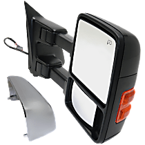Passenger Side Towing Mirror, Power, Power Folding, Heated, With 1 Chrome and 1 Paintable Cap, In-housing Signal Light, With memory, Without Puddle Light, Auto-Dimming, and Blind Spot Feature