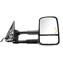 Passenger Side Towing Mirror, Power, Heated, Manual Folding, Textured Black, In-glass Signal Light, No Memory, No Puddle Light, No Auto-Dimming, With Blind Spot Glass