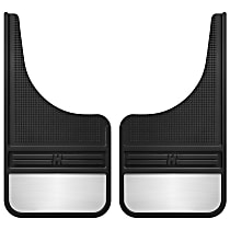 Front, Driver and Passenger Side Mud Flaps, with Weight, Black Center/Polished Weight, Rubber and Stainless Steel