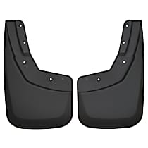 Front, Driver and Passenger Side Mud Flaps, without Running Boards, Does Not Fit Models with Integrated Side Step/Running Board, Black, Plastic