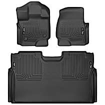 Front and Second Row Molded Floor Liner, Crew Cab Pickup, Black, Made of Rubberized/Thermoplastic, Weatherbeater Series