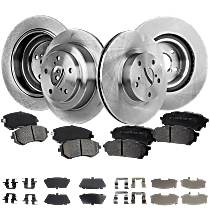 Front and Rear, Driver or Passenger Side Front and Rear Brake Disc and Pad Kit, Plain Surface, 5 Lugs, Cast Iron, Ceramic - Front; Organic - Rear, Pro-Line Series