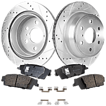 4-Piece Kit Rear Brake Disc and Pad Kit Cross-drilled and Slotted, 6 Lugs, Ceramic Pad Material, Pro-Line Series , includes (2) Brake Disc and (1) Brake Pad Set