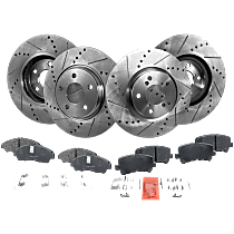 8-Piece Kit Front and Rear Brake Disc and Pad Kit, Cross-drilled and Slotted, 5 Lugs, Ceramic, Pro-Line Series  Includes (4) Brake Disc and (2) Brake Pad Set