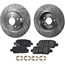 4-Piece Kit Rear Brake Disc and Pad Kit, Cross-drilled and Slotted, engdesig: VQ35DE, Naturally Aspirated, GAS, Nissan Engine, Platinum, 3.5L 6Cyl, Pro-Line Series  Includes (2) Brake Disc and (1) Brake Pad Set