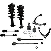 Front, Driver and Passenger Side, Upper Control Arm Kit, includes Ball Joints, Shock Absorber and Strut Assembly, Sway Bar Links, and Tie Rod Ends