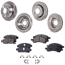 8-Piece Kit Front and Rear Brake Disc and Pad Kit, Cross-drilled and Slotted, 6 Lugs, Ceramic - Front; Semi-Metallic - Rear, Pro-Line Series , includes (4) Brake Disc and (2) Brake Pad Set