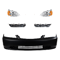 7-Piece Kit Driver and Passenger Side Incandescent Headlight, Includes (2) Bumper Bracket, (1) Bumper Cover, (2) Headlight, and (2) Light Bulb