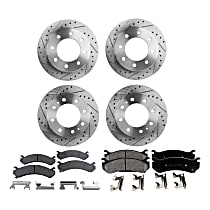 Front and Rear Brake Disc and Pad Kit, Cross-drilled and Slotted, 8 Lugs, Ceramic, Pro-Line Series