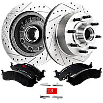 4-Piece Kit Front Brake Disc and Pad Kit, Cross-drilled and Slotted, 8 Lugs, Semi-metallic, 2-Wheel ABS, Single Rear Wheel, Without Super Duty Package, 5.8L 8Cyl, Pro-Line Series  Includes (2) Brake Disc and (1) Brake Pad Set