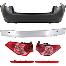 6-Piece Kit Rear Bumper Reinforcement, 4-Door Mounts on Body, Aluminum, Sedan,  Includes (1) Bumper Cover, (2) Bumper Reflector, (1) Bumper Reinforcement, and (2) Tail Light