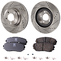 4-Piece Kit Front Brake Disc and Pad Kit, Cross-drilled and Slotted, 5 Lugs, Ceramic, Pro-Line Series  Includes (2) Brake Disc and (1) Brake Pad Set