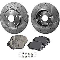 4-Piece Kit Front Brake Disc and Pad Kit, Cross-drilled and Slotted, 5 Lugs, Ceramic, 4.3L 8Cyl, Pro-Line Series  Includes (2) Brake Disc and (1) Brake Pad Set
