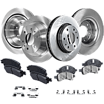 Front and Rear Brake Disc and Pad Kit, Plain Surface, 6 Lugs, Ceramic - Front; Semi-Metallic - Rear, Cast Iron