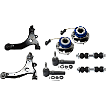 Front, Driver and Passenger Side, Lower Control Arm Kit, includes Sway Bar Links, Tie Rod Ends, and Wheel Hubs