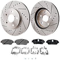 4-Piece Kit Front Brake Disc and Pad Kit, Cross-drilled and Slotted, 5 Lugs, Ceramic, 3.0L(Exclude 15 Inch Wheels)/3.3L Engine, Pro-Line Series , includes (2) Brake Disc and (1) Brake Pad Set