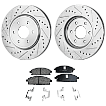 4-Piece Kit Front Brake Disc and Pad Kit, Cross-drilled and Slotted, 6 Lugs, Ceramic, LE, 4.0L 6Cyl, Pro-Line Series  Includes (2) Brake Disc and (1) Brake Pad Set
