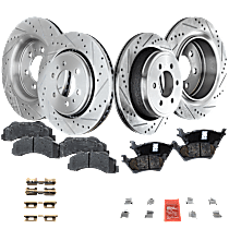 Front and Rear Brake Disc and Pad Kit, Cross-drilled and Slotted, 6 Lugs, Ceramic, Turbocharged, With Manual Parking Brake, Pro-Line Series
