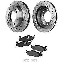 Front Brake Disc and Pad Kit, Cross-drilled and Slotted, 8 Lugs, Cast Iron, Semi-Metallic, Pro-Line Series
