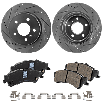 4-Piece Kit Rear Brake Disc and Pad Kit, Cross-drilled and Slotted, Ceramic, For Models with Heavy Duty Brakes, Pro-Line Series , includes (2) Brake Disc and (1) Brake Pad Set