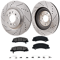 Front Brake Disc and Pad Kit, Cross-drilled and Slotted, Ceramic, Except Heavy Duty Brakes, Sedan, Pro-Line Series