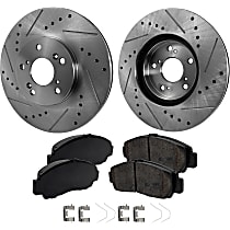 Front Brake Disc and Pad Kit, Cross-drilled and Slotted, 5 Lugs, Ceramic, Pro-Line Series
