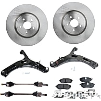 8-Piece Kit Front, Driver and Passenger Side Axle Assembly, Turbocharged, Supplied with Standard Neoprene Outboard Boot, New, includes (2) Axle Assembly, (2) Brake Disc, (1) Brake Pad Set, and (2) Control Arm