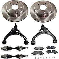 7-Piece Kit Front, Driver and Passenger Side, Lower Control Arm with Axle Assemblies, Brake Discs, and Brake Pad Set, Four Wheel Drive