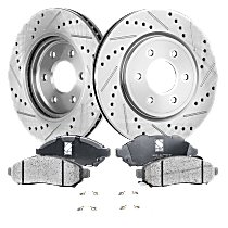 4-Piece Kit Front Brake Disc and Pad Kit, Cross-drilled and Slotted, 6 Lugs, Ceramic, 3.5/3.8/4.0L Engines, Pro-Line Series , includes (2) Brake Disc and (1) Brake Pad Set