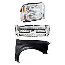 3-Piece Kit, Grille Chrome Shell with Painted Gray Insert, Includes (1) Fender, (1) Grille, and (1) Headlight