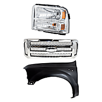 3-Piece Kit, Grille Chrome Shell with Painted Gray Insert, Includes (1) Fender, (1) Grille, and (1) Headlight