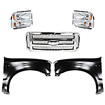5-Piece Kit, Grille Chrome Shell with Painted Gray Insert, Includes (2) Fender, (1) Grille, and (2) Headlight
