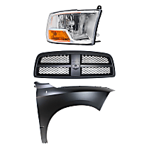 Upper Grille Kit, Painted Black Shell and Insert, Plastic, includes Fender and Headlight