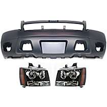 3-Piece Kit Driver and Passenger Side Halogen Headlight, With bulb(s),  For Models Without Off Road Package, OE Replacement, Crew Cab Pickup,  Includes (1) Bumper Cover and (2) Headlight