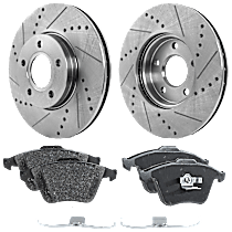 Front Brake Disc and Pad Kit, Cross-drilled and Slotted, 2-Wheel Set, 5 Lugs, Cast Iron, Organic Pad Material