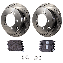 Rear Brake Disc and Pad Kit, Cross-drilled and Slotted, 2-Wheel Set, 5 Lugs, Cast Iron, Organic Pad Material, Includes (2) Brake Disc and (1) Brake Pad Set