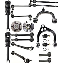 18-Piece Kit Front, Driver and Passenger Side, Upper and Lower, Forward and Rearward Control Arm Kit, Sedan, RWD, Change Left & Right at Same Time, Non-Adjustable Type, Standard Design, w/o Performance Suspension, includes 2 Ball Joint, 6 Control Arm, 2 Loaded Strut, 2 Sway Bar Link, 4 Tie Rod End, 