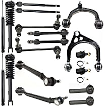 Front, Driver and Passenger Side, Upper and Lower, Frontward and Rearward Control Arm Kit, Rear Wheel Drive, includes Ball Joints, Shock Absorber and Strut Assembly, Sway Bar Links, and Tie Rod Ends