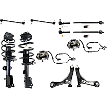 Front, Driver and Passenger Side, Lower Control Arm Kit, includes Shock Absorber and Strut Assembly, Sway Bar Links, Tie Rod Ends, and Wheel Hubs
