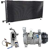 3-Piece Kit A/C Compressor with A/C Condenser and A/C Service Kit (A/C Accumulator, Expansion Valve, Orifice Tube, and A/C O-Ring and Gasket Seal Kit), 4-Groove Pulley, Two Bolts to Mount the Hoses