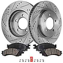 4-Piece Kit Front Brake Disc and Pad Kit, Cross-drilled and Slotted, 5 Lugs, Ceramic, Pro-Line Series , includes (2) Brake Disc and (1) Brake Pad Set