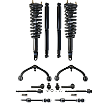 14-Piece Kit Front, Driver and Passenger Side, Upper Control Arm Kit, RWD, includes (2) Ball Joint, (2) Control Arm, (2) Loaded Strut, (2) Shock Absorber, (2) Sway Bar Link, and (4) Tie Rod End